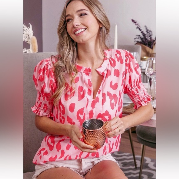 Boutique Brand Tops - Pink Leopard Print V-neck Bubble Sleeve Smocked Blouse Top Silk Boutique Ruffle